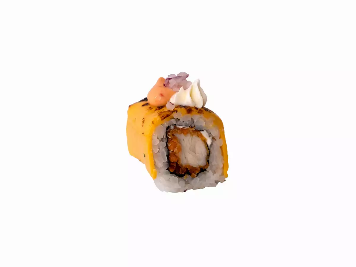 7-Délice Poulet tempura, cheese, topping de cheddar grillé, sauce piment doux, oignons rouges