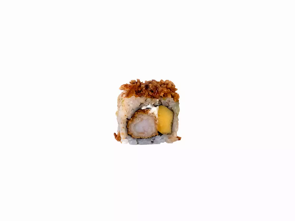 6-Délice Crevette tempura, cheese, mangue, topping d’oignons frits, sauce teriyaki
