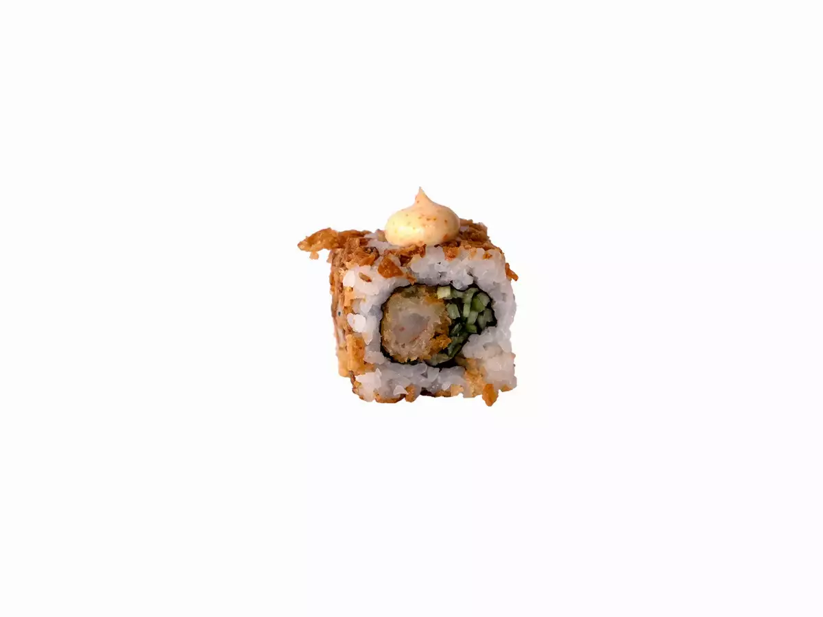 18-California Crevette tempura, concombre, sauce tempura du chef, enroulé d’oignons frits